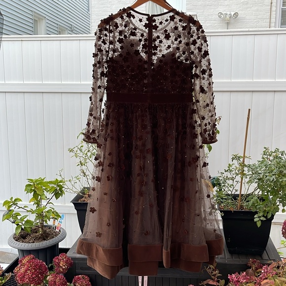 Mac Duggal - Brown Embellished Illusion High Neck Long Sleeve Fit & Flare Dress - Picture 12 of 17